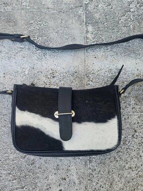 Handmade Cross Body Bag Black/White Real Fur Hair Genuine Leather Shoulder Bag